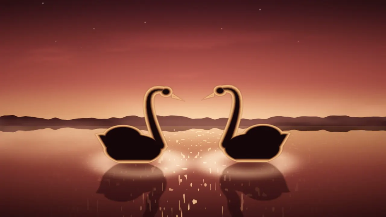 Two swan silhouettes gliding on a misty lake at dusk, wakes crossing