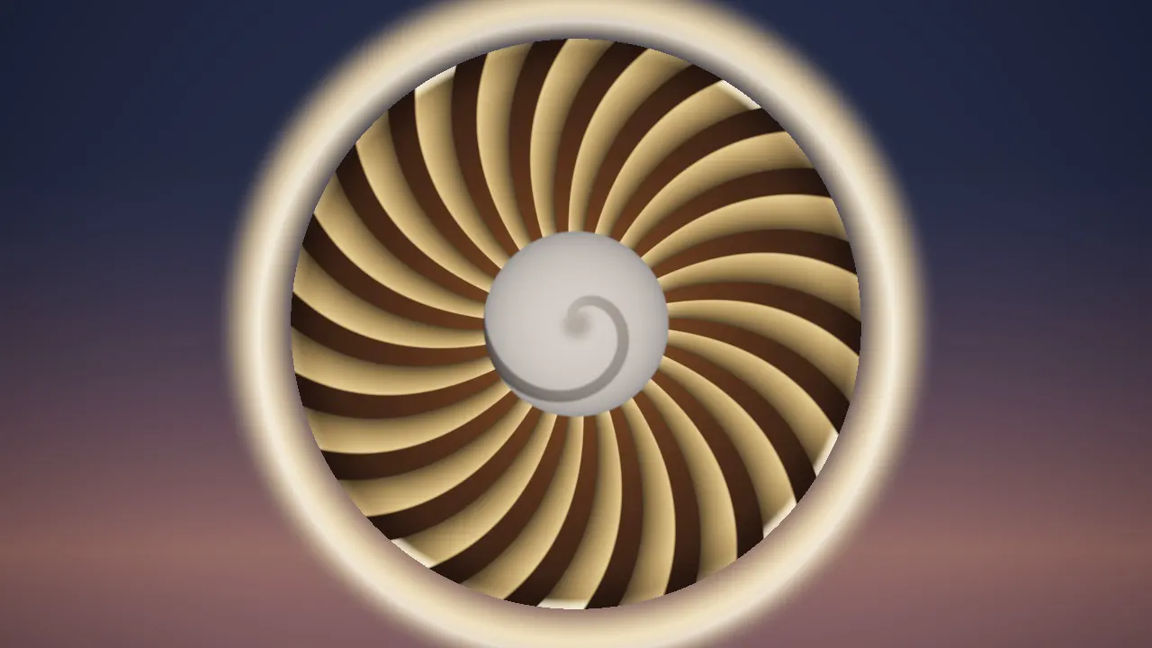 Face-on into a jet engine: swept steel fan blades round a spiral spinner
