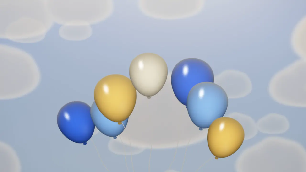 A bouquet of glossy powder-blue, deep blue, cream and gold balloons rising through soft clouds