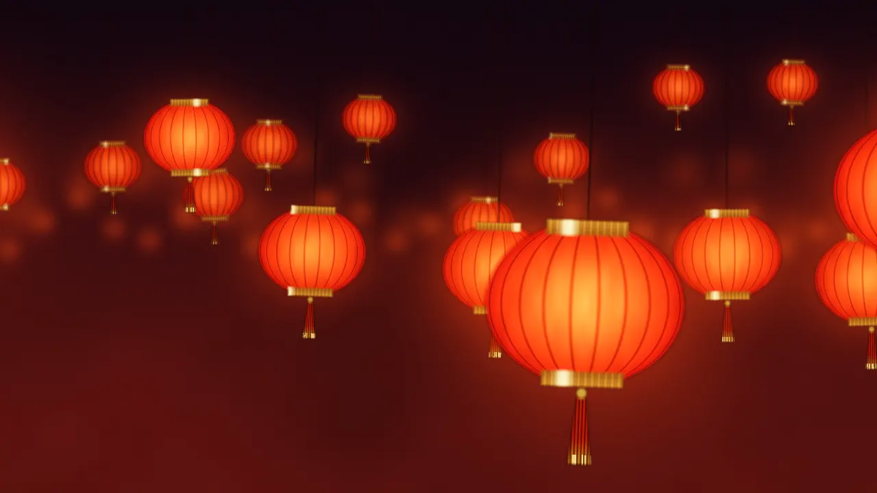 Round red silk lanterns with gold caps and tassels at three depths