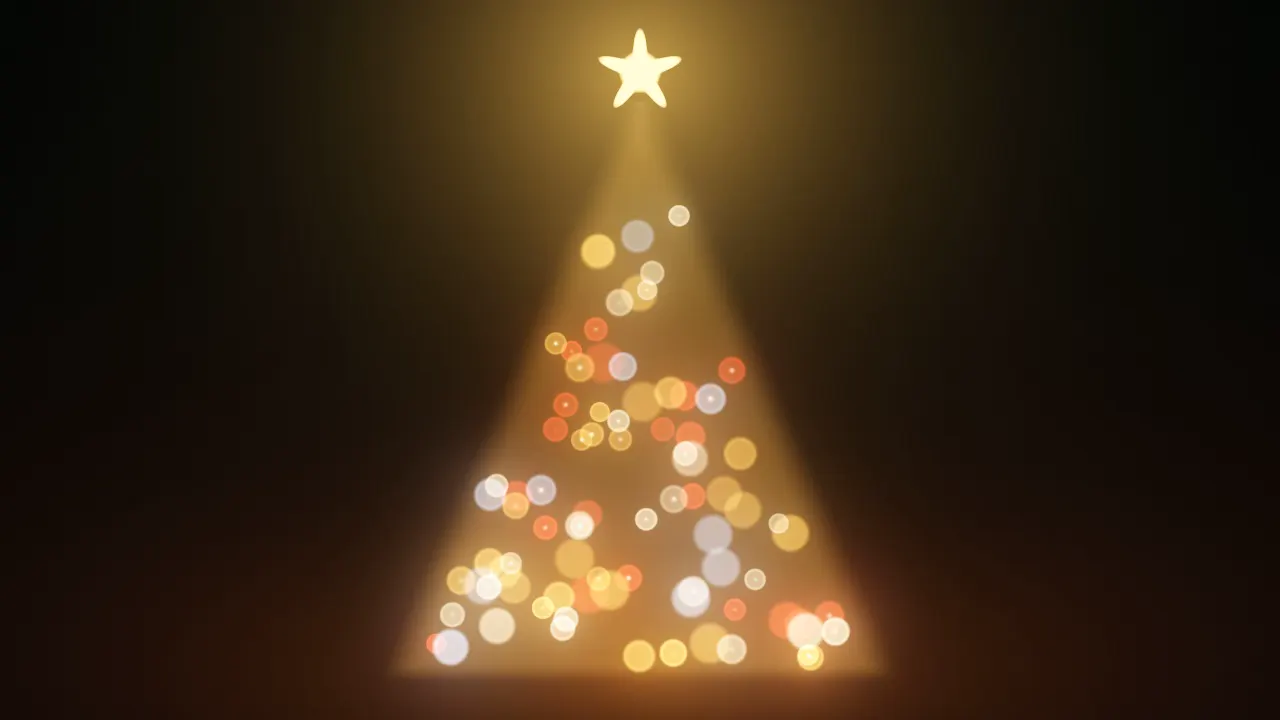 A Christmas tree drawn in soft out-of-focus red, gold and white lights