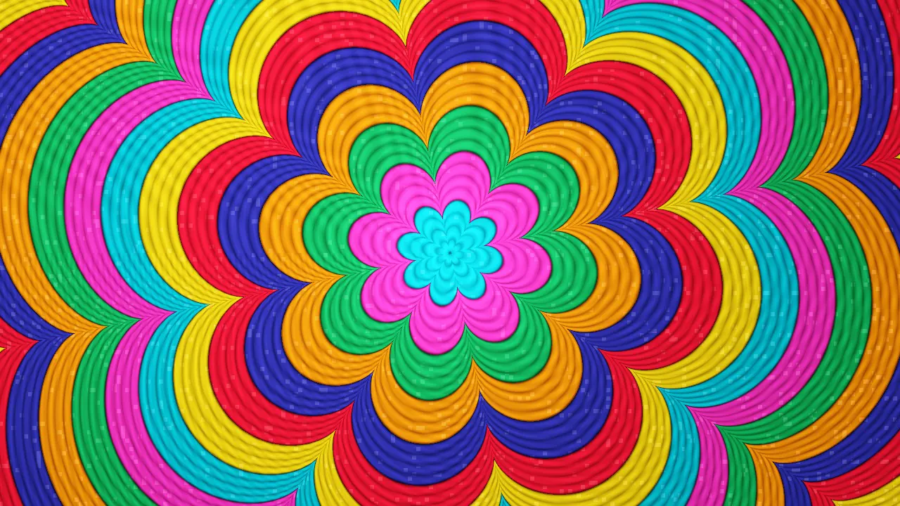 A yarn painting of a big flower echoing outward in rings of colour