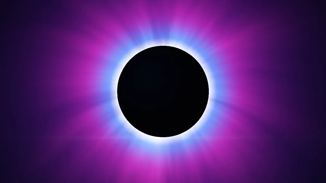 A black disc in front of a thin electric-blue and magenta corona