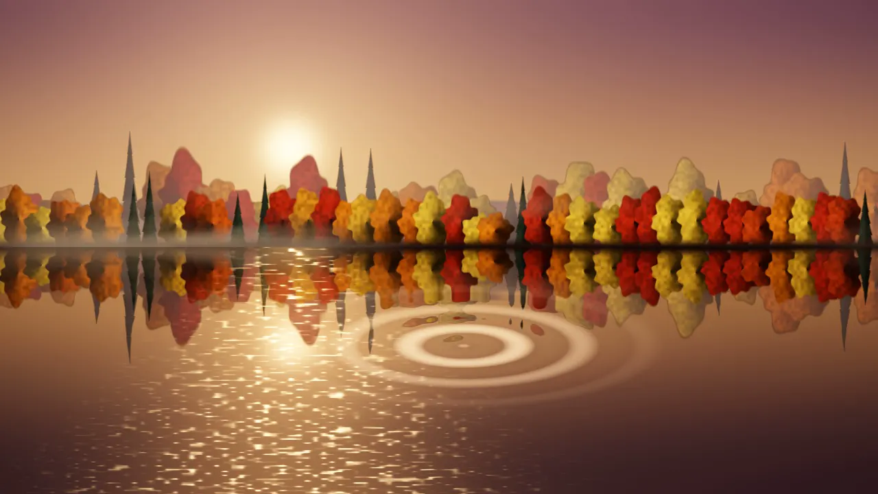 Fog on a still lake ringed with autumn trees, mirrored in the water