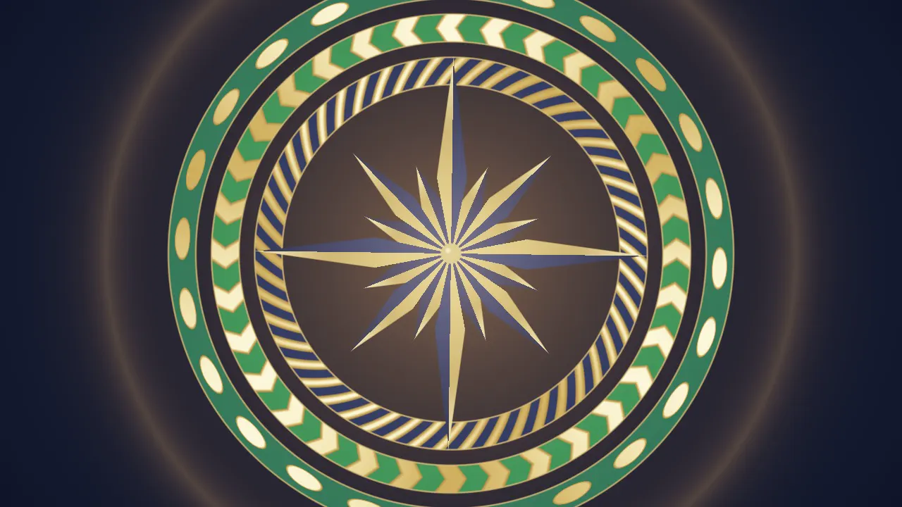 A sixteen-point brass-and-navy compass rose with turning rings