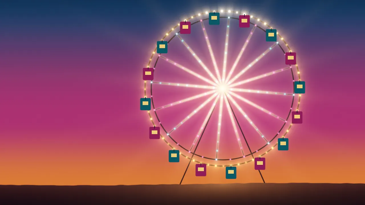 A giant ferris wheel of bulbs and lit cabins turning against the dusk