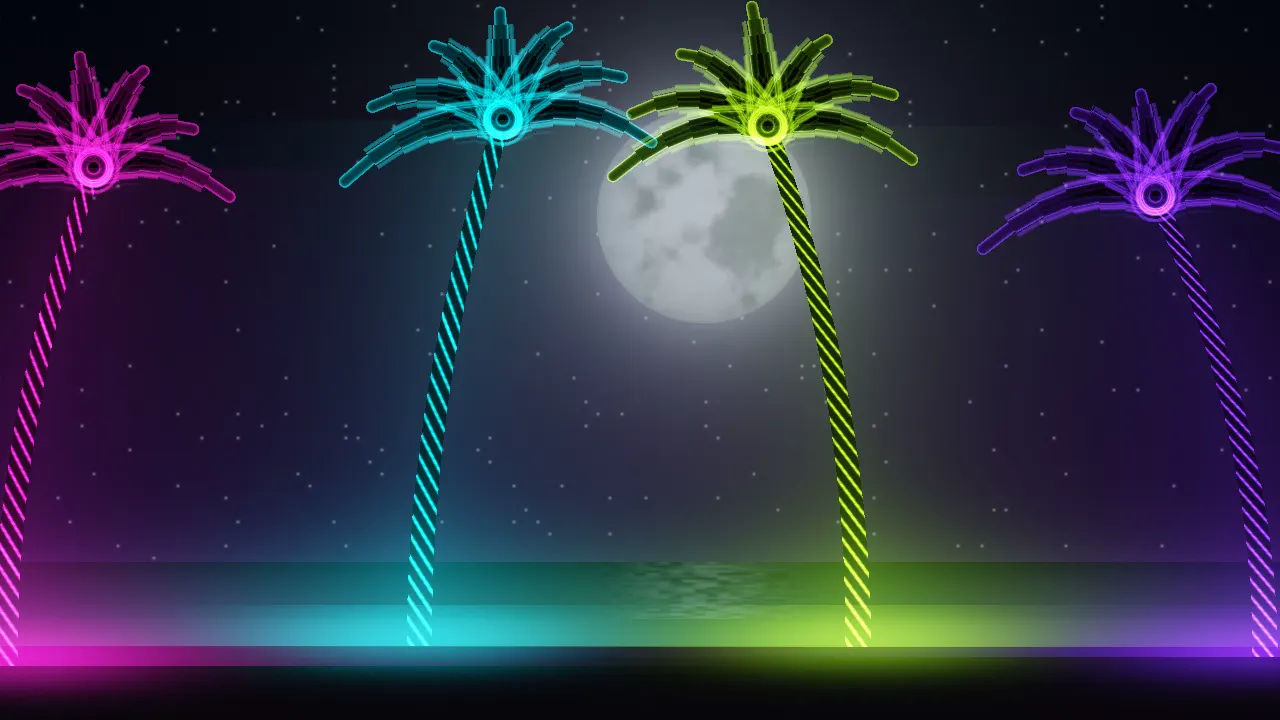Palm trees wrapped in magenta, cyan, lime and violet UV lights in front of a huge silver full moon