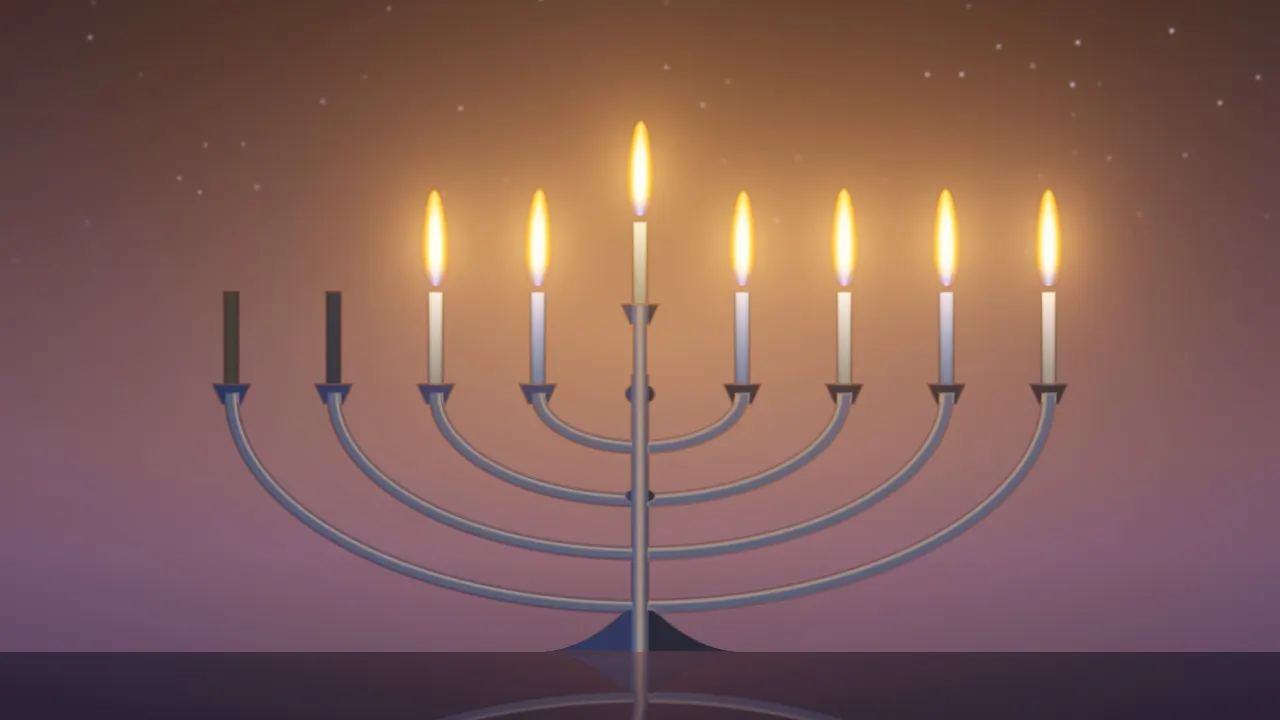 A silver nine-branch menorah glowing in blue dusk above a mirror surface
