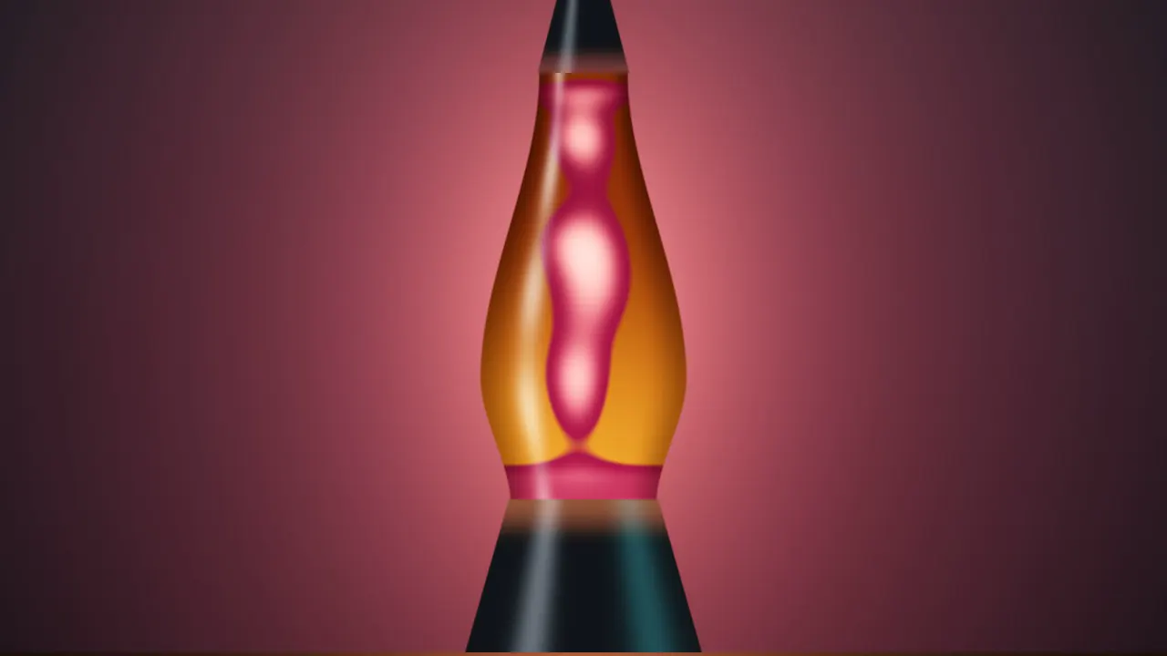 One tall lava lamp with pink wax rising through amber liquid