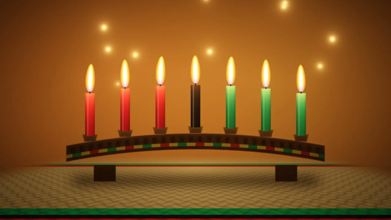 A carved kinara with three red, one black and three green candles lit