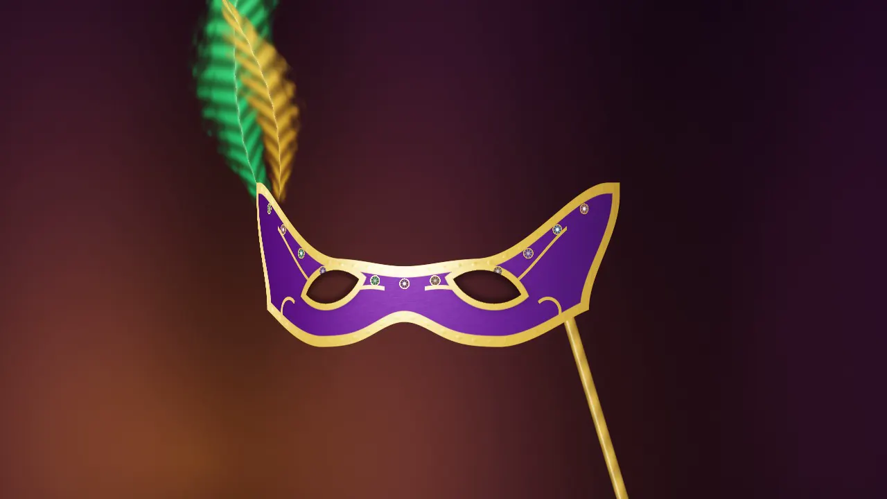 An empty purple satin half-mask with gold filigree and green and gold plumes on a gilded stick