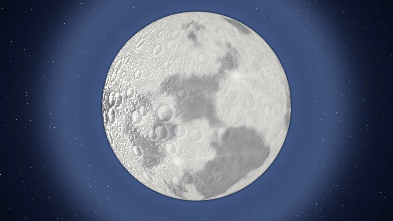 The full moon filling the sky, its seas and rayed craters raked by light