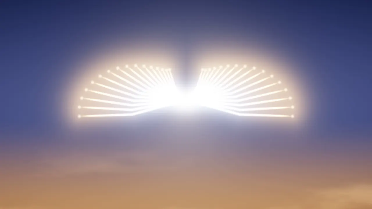 A pair of wings drawn only in fine vanes of light, spread wide over a floor of gold cloud