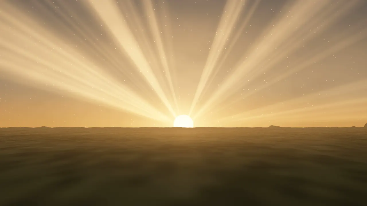 Shafts of gold sunlight fanning up from a dry horizon through morning dust