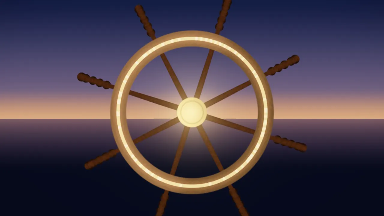 A teak-and-brass ship's wheel against a dusk sea, its hub glowing gold