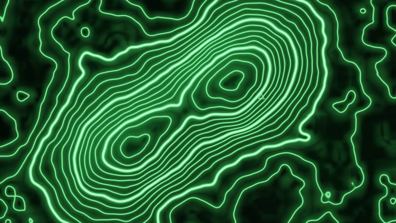 Glowing phosphor-green contour lines of a top-down map circling a twin summit
