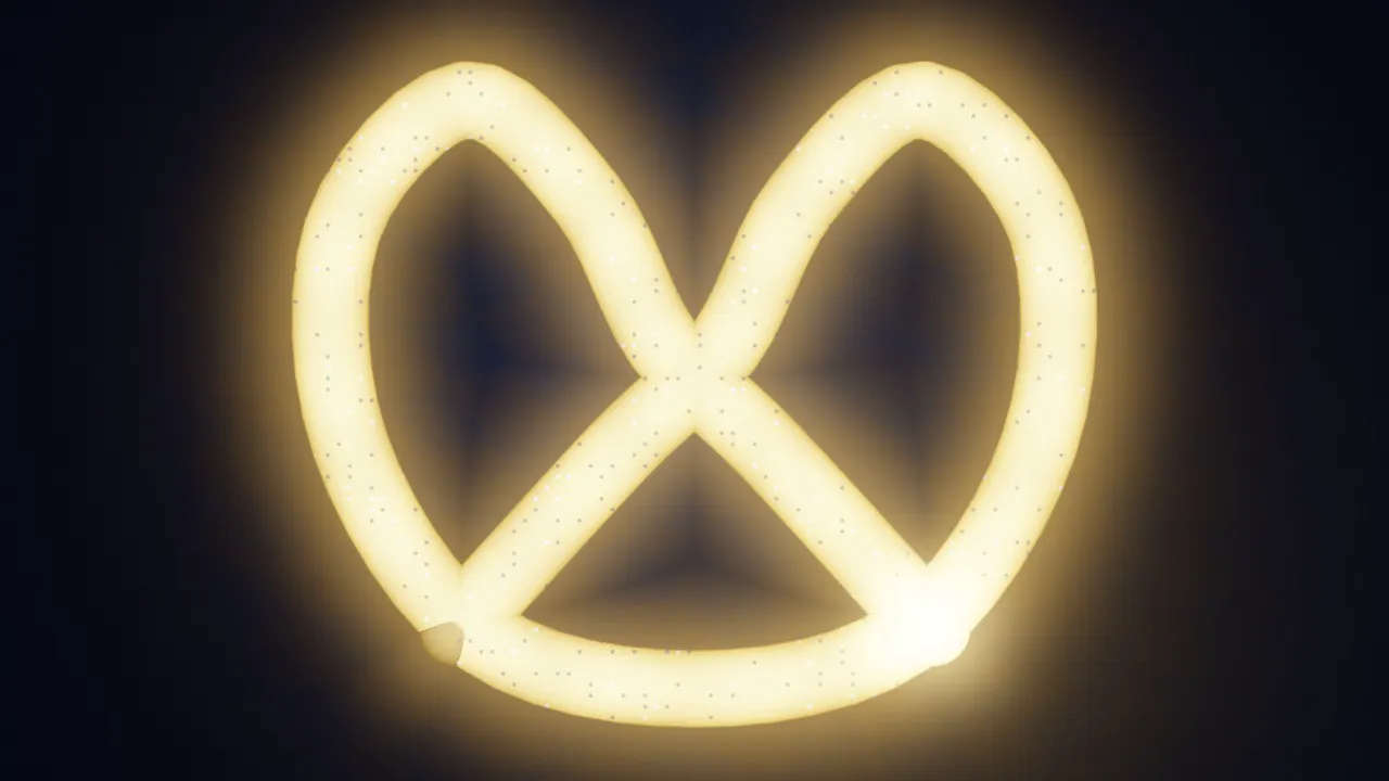 A pretzel knot traced in warm gold light on a dark background, salt crystals glinting