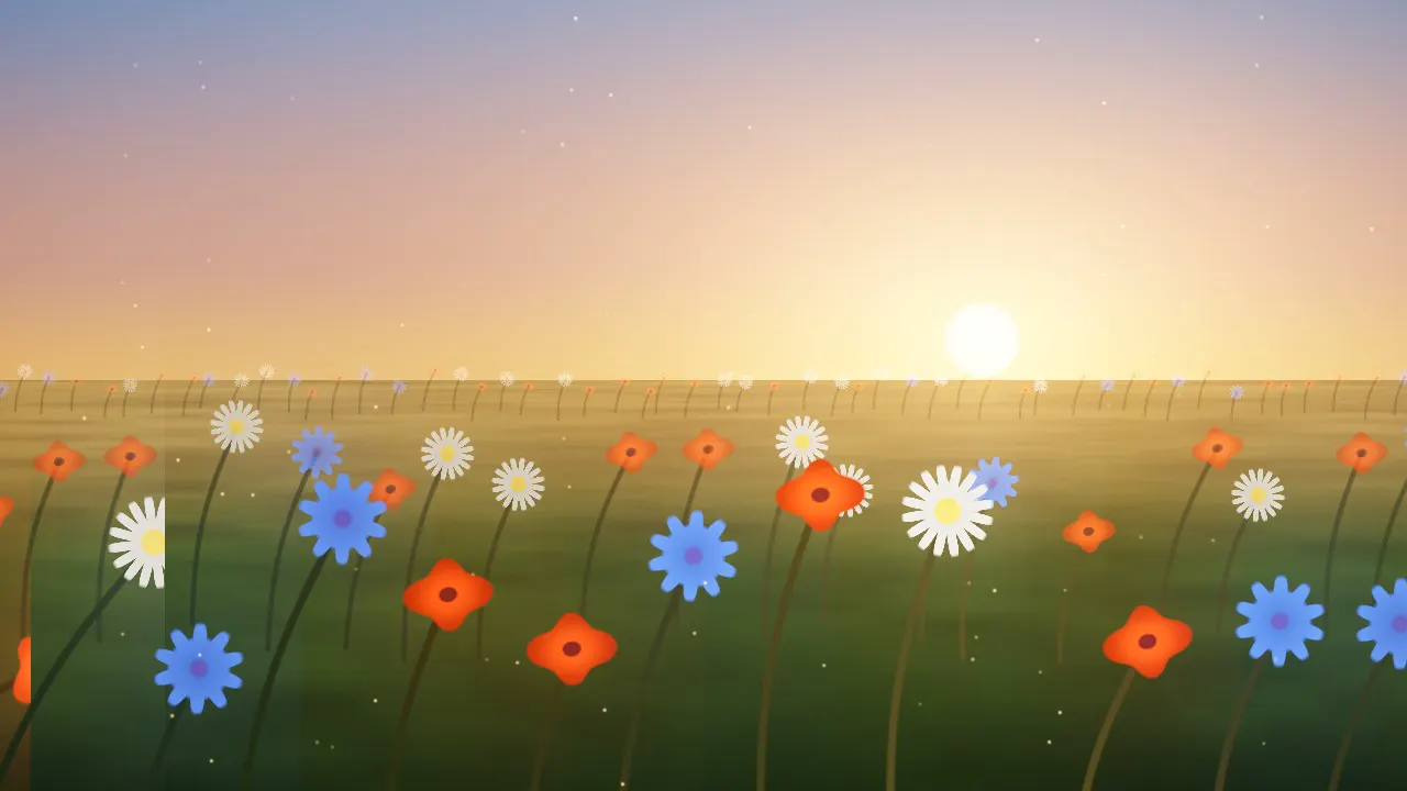 Poppies, cornflowers and ox-eye daisies in a meadow, backlit by a low sun on the horizon