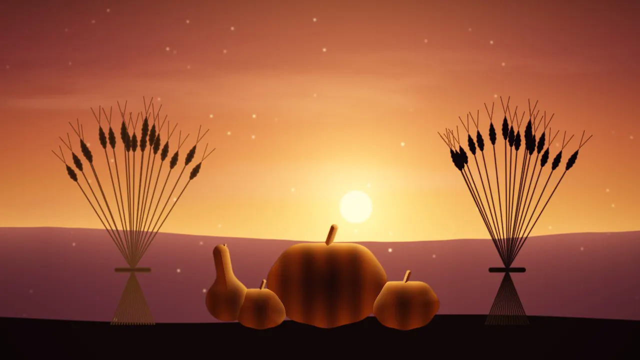 Gourds and wheat backlit by a peach-to-plum dusk sky