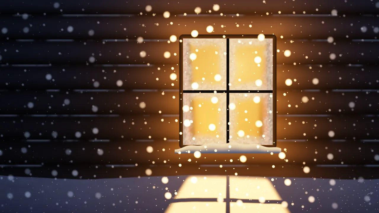 A cabin window glowing amber in the snowy dark, flakes lit as they fall