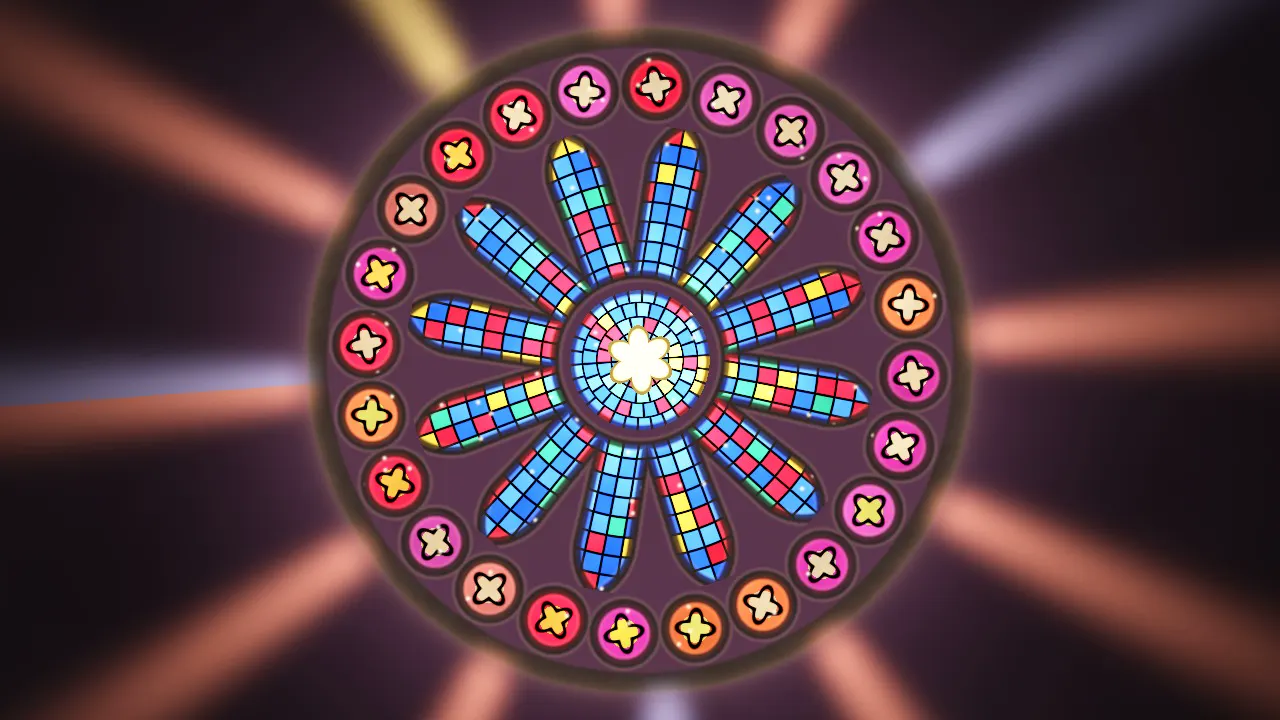 A jewel-glass rose window with light shining through it