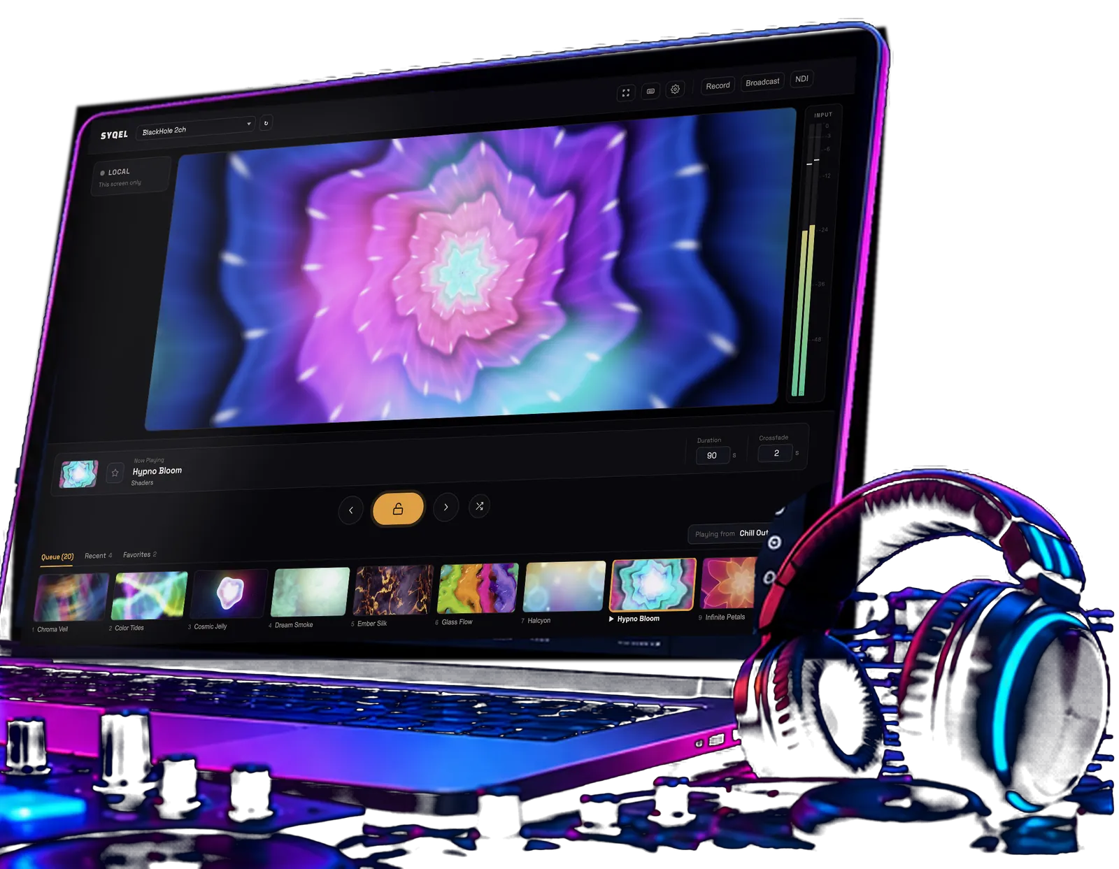 SYQEL Desktop 3.3 on a laptop in a DJ booth, playing Hypno Bloom from the Chill Out visuals