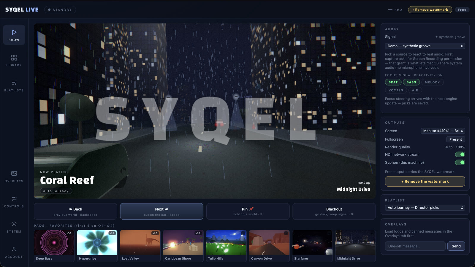 SYQEL Live — the app's main screen