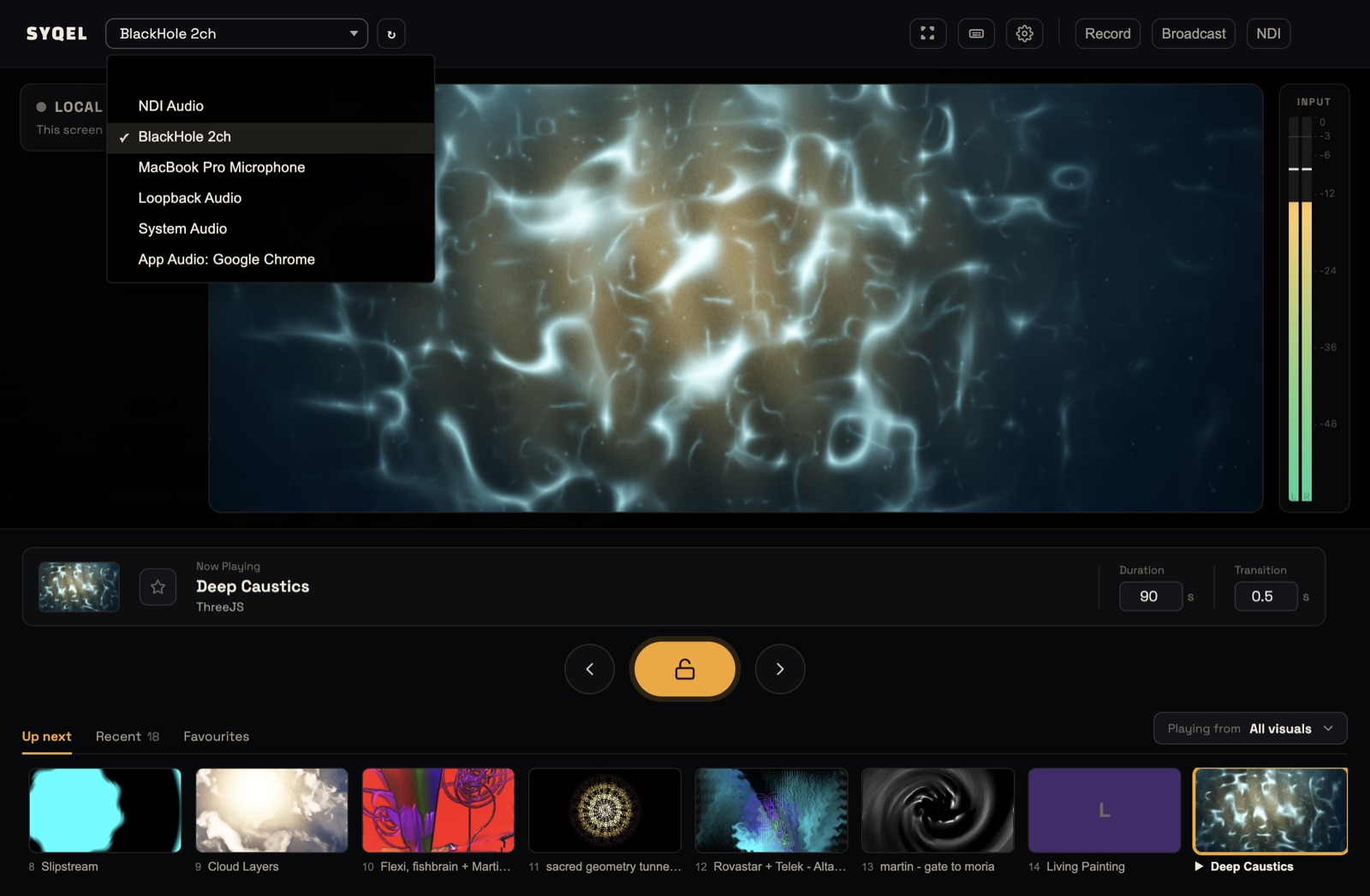 The audio source list open in the top bar, showing a microphone, virtual devices, System Audio and App Audio: Google Chrome
