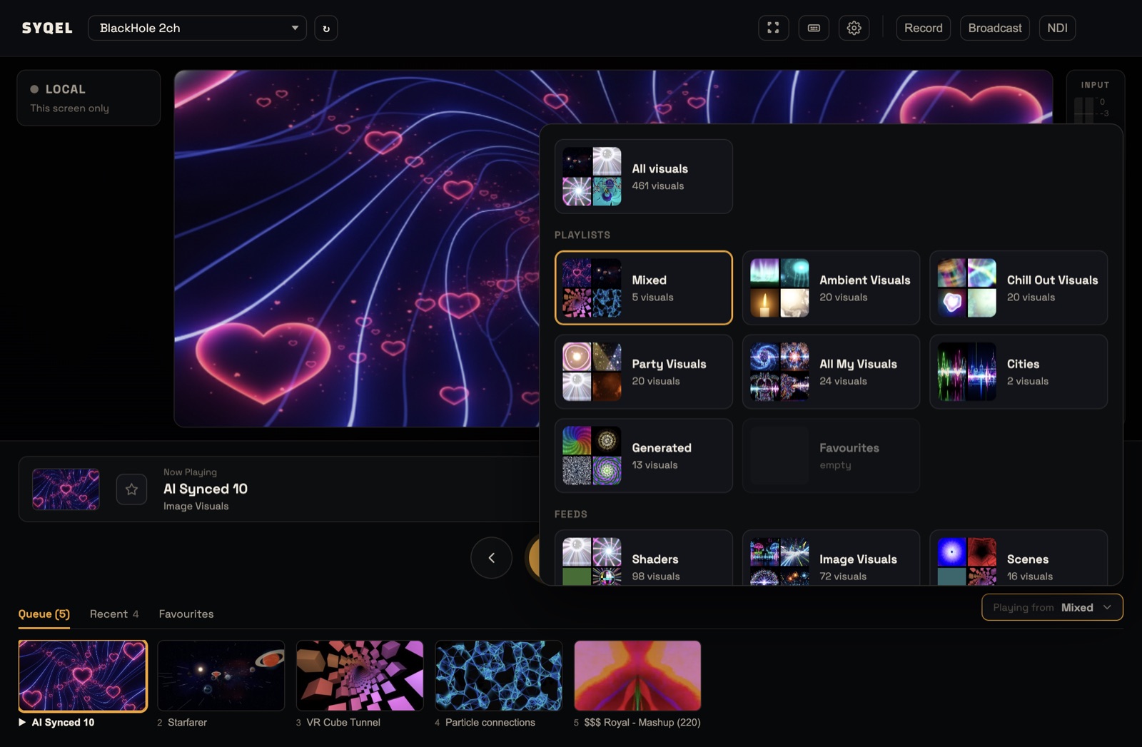 A mixed playlist playing, with its Queue below the stage and the Playing from picker open