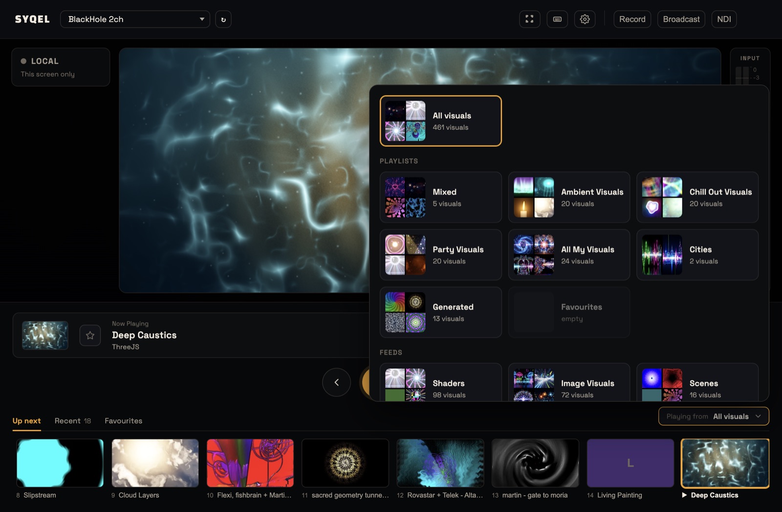 The Playing from picker open, showing All visuals, Playlists and Feeds