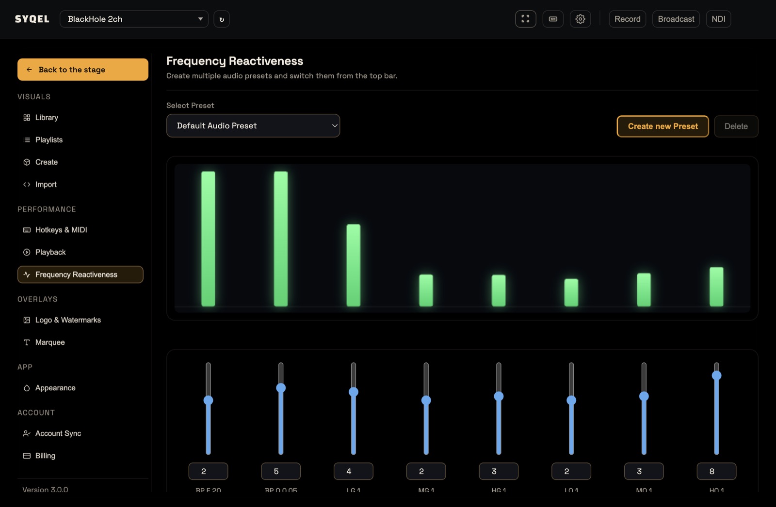 The Frequency Reactiveness screen with the preset picker, live spectrum and eight sliders