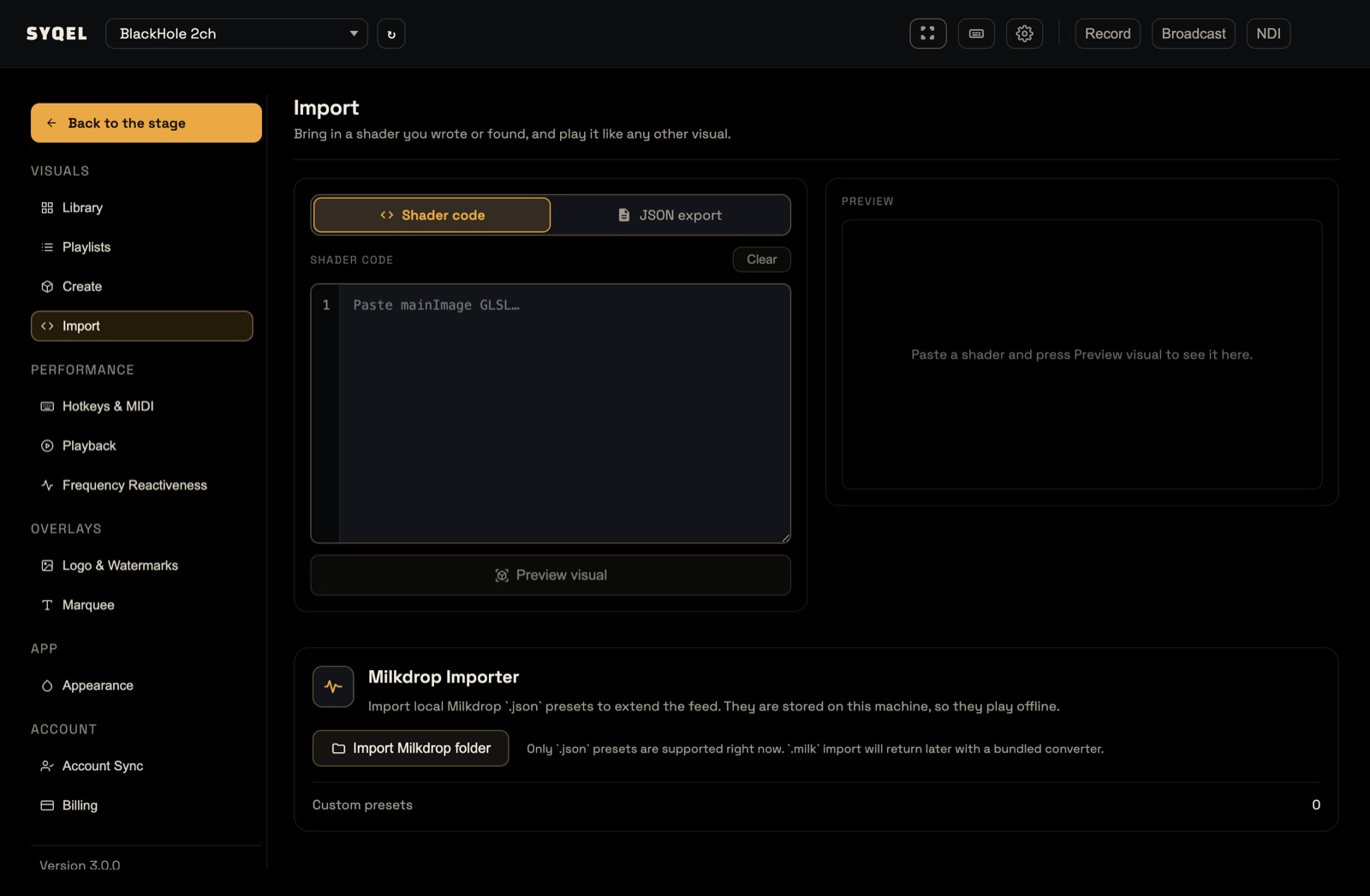 The Import screen with the shader importer and the Milkdrop Importer card