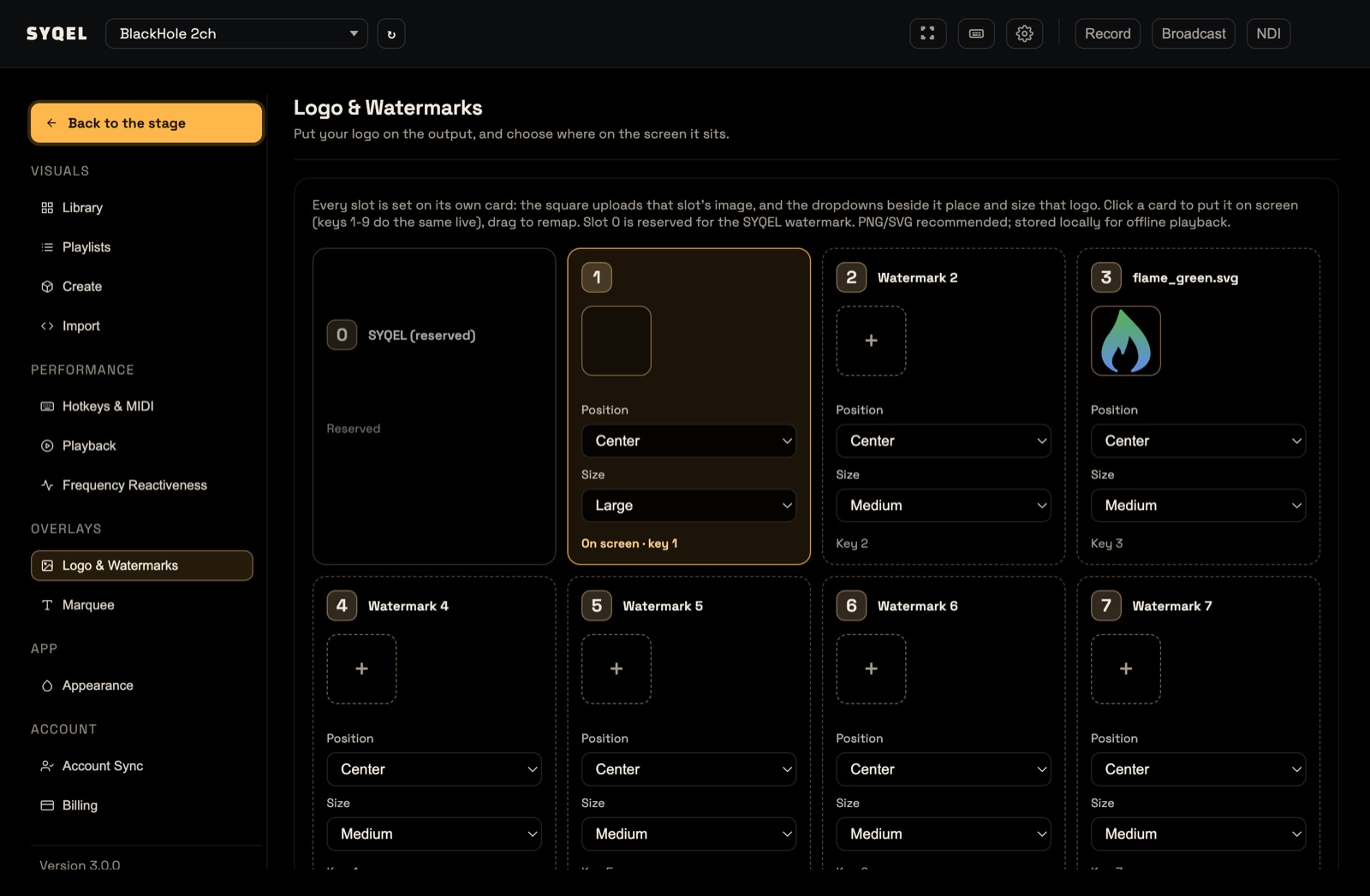 Settings, Logo & Watermarks screen with ten logo slots and their Position and Size menus