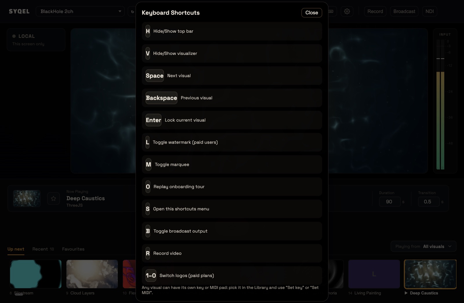 The Keyboard Shortcuts overlay listing every default key