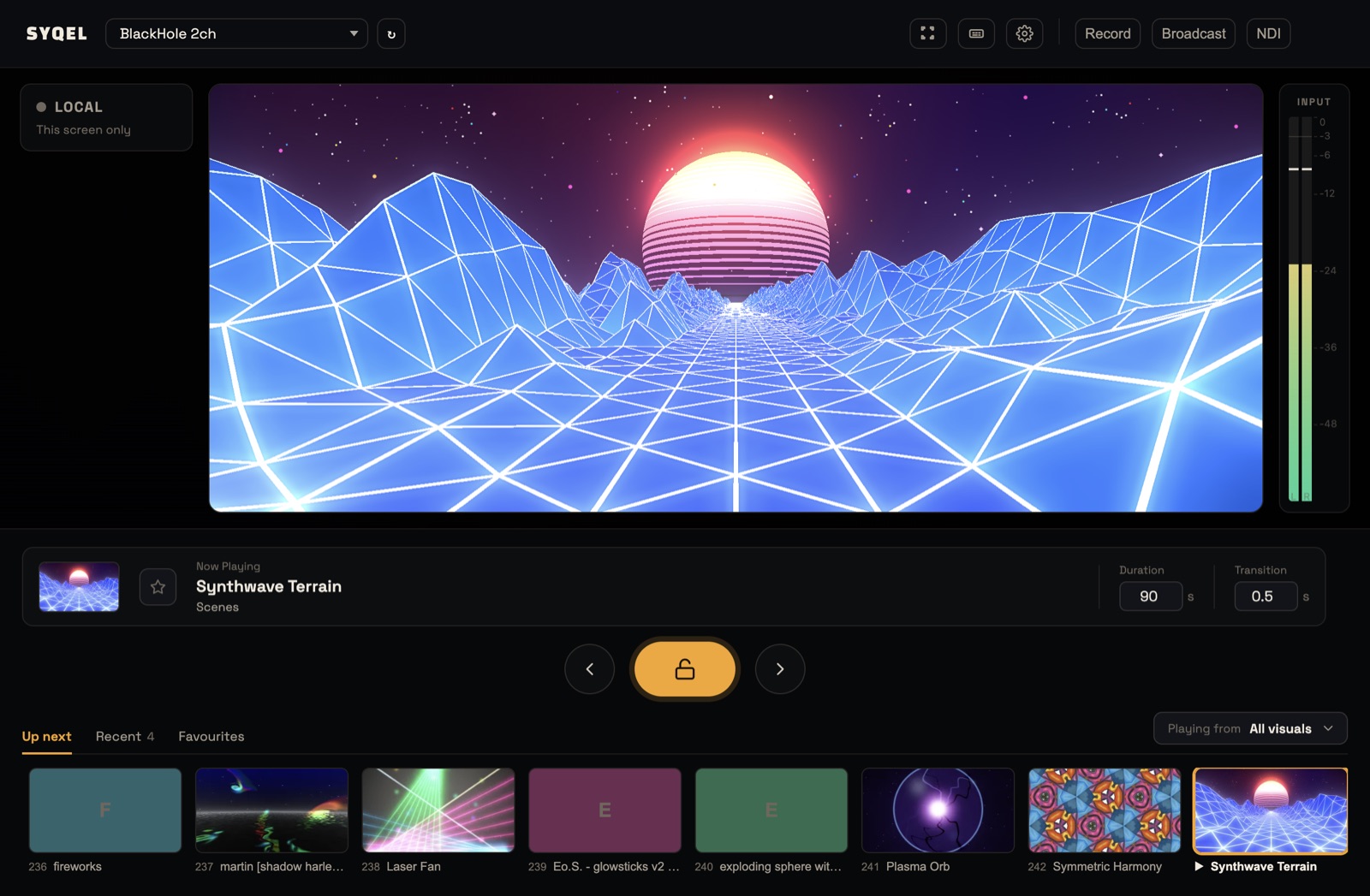 The main screen with the Input meter lit up by music